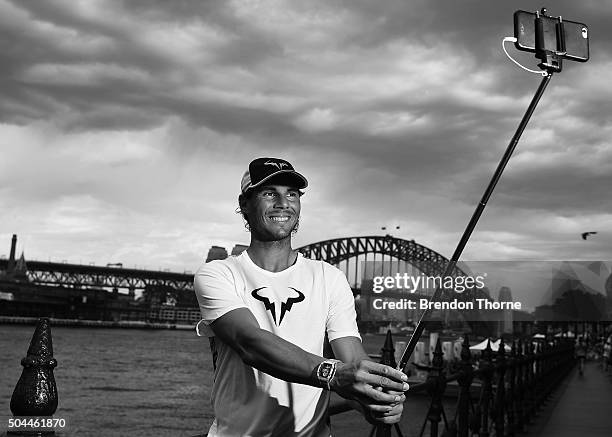 Rafael Nadal poses for a 'Selfie' during the FAST4Tennis media opportunity at Circular Quay on January 11, 2016 in Sydney, Australia.