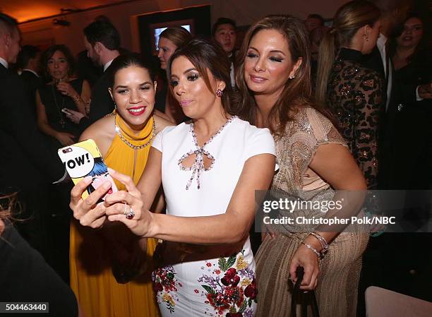 73rd ANNUAL GOLDEN GLOBE AWARDS -- Pictured: Actresses America Ferrera, Eva Longoria and Alex Meneses during NBCUniversal's Golden Globes Post-Party...