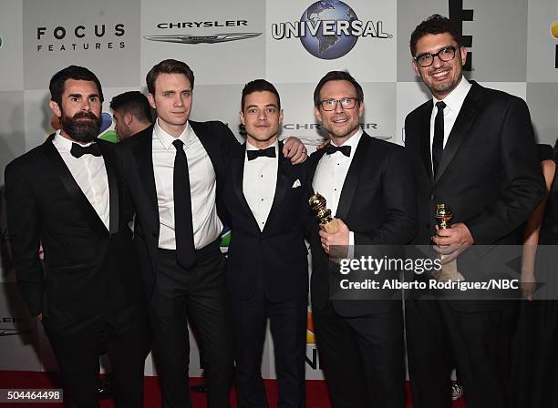 73rd ANNUAL GOLDEN GLOBE AWARDS -- Pictured: Producer Chad Hamilton, actors Martin Wallstrom, Rami Malek, Christian Slater and writer/director Sam...