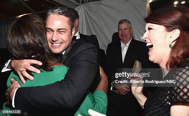 73rd ANNUAL GOLDEN GLOBE AWARDS -- Pictured: Actors Retta, Taylor Kinney and Kate Flannery attend NBCUniversal's Golden Globes Post-Party Sponsored...