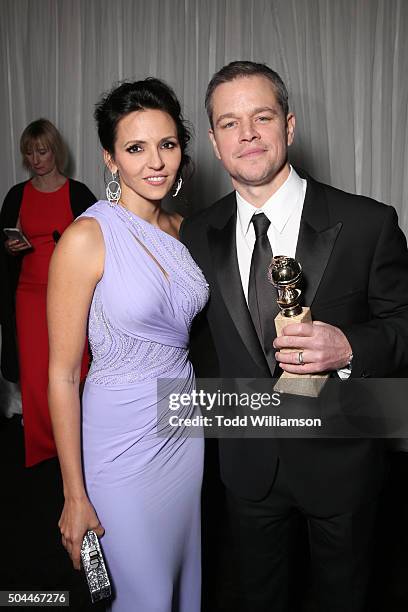 Luciana Damon and actor Matt Damon, winner of the Best Performance by an Actor in a Motion Picture - Musical or Comedy award for 'The Martian,'...