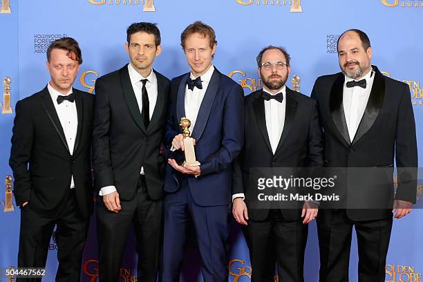 Actors Levente Molnar and Geza Rohrig, director Laszlo Nemes, producers Gabor Sipos and Gabor Rajna, winners of Best Foreign Language Film for 'Son...