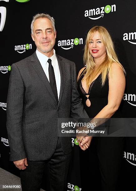 Actor Titus Welliver and model Jose Stemkens attend Amazon's Golden Globe Awards Celebration at The Beverly Hilton Hotel on January 10, 2016 in...