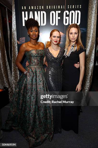 Actresses Emayatzy Corinealdi, Elizabeth McLaughlin and Alona Tal attend Amazon's Golden Globe Awards Celebration at The Beverly Hilton Hotel on...