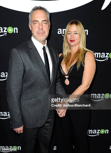 Actor Titus Welliver and model Jose Stemkens attend Amazon's Golden Globe Awards Celebration at The Beverly Hilton Hotel on January 10, 2016 in...