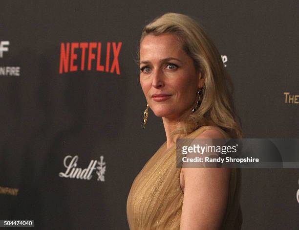 Actress Gillian Anderson attends the 2016 Weinstein Company and Netflix Golden Globe Awards After Party at The Beverly Hilton on January 10, 2016 in...