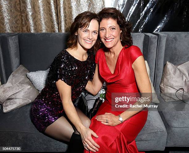 Actresses Sarah Clarke and Amy Aquino attend Amazon's Golden Globe Awards Celebration at The Beverly Hilton Hotel on January 10, 2016 in Beverly...