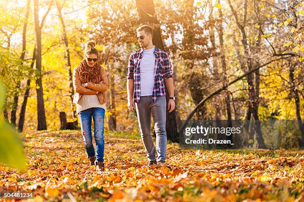 young attractive couple hugging and loving in park in autumn - novi sad stockfoto's en -beelden