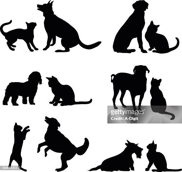 cat and dog friends - in silhouette stock illustrations