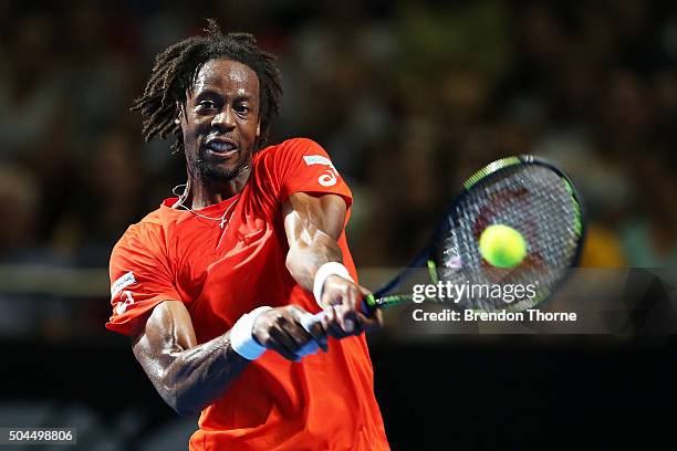 Gael Monfils of France plays a backhand during the FAST4 Tennis exhibition match between Gael Monfils and Nick Kyrgios at Allphones Arena on January...