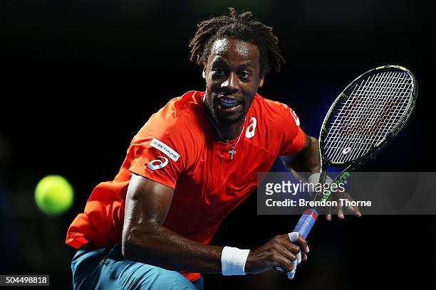 Gael Monfils of France plays a backhand during the FAST4 Tennis exhibition match between Gael Monfils and Nick Kyrgios at Allphones Arena on January...