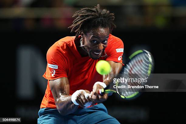Gael Monfils of France plays a backhand during the FAST4 Tennis exhibition match between Gael Monfils and Nick Kyrgios at Allphones Arena on January...