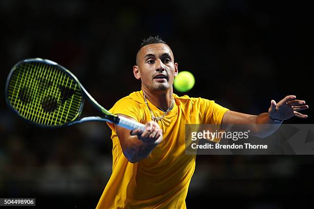 Nick Kyrgios of Australia plays a forehand during the FAST4 Tennis exhibition match between Gael Monfils and Nick Kyrgios at Allphones Arena on...