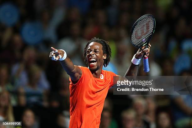 Gael Monfils of France gestures during the FAST4 Tennis exhibition match between Gael Monfils and Nick Kyrgios at Allphones Arena on January 11, 2016...