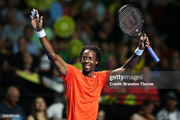 Gael Monfils of France gestures during the FAST4 Tennis exhibition match between Gael Monfils and Nick Kyrgios at Allphones Arena on January 11, 2016...