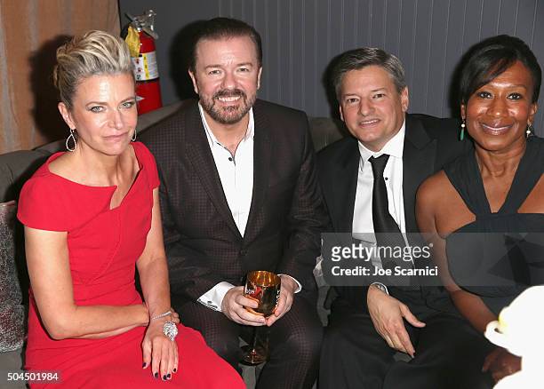 Jane Fallon, host Ricky Gervais, Netflix Head of Content Acquisition Ted Sarandos and Nicole Avant attend The Weinstein Company and Netflix Golden...