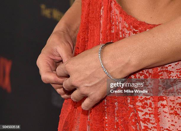 Actress Nicky Whelan, bracelet detail, attends The Weinstein Company and Netflix Golden Globe Party, presented with DeLeon Tequila, Laura Mercier,...