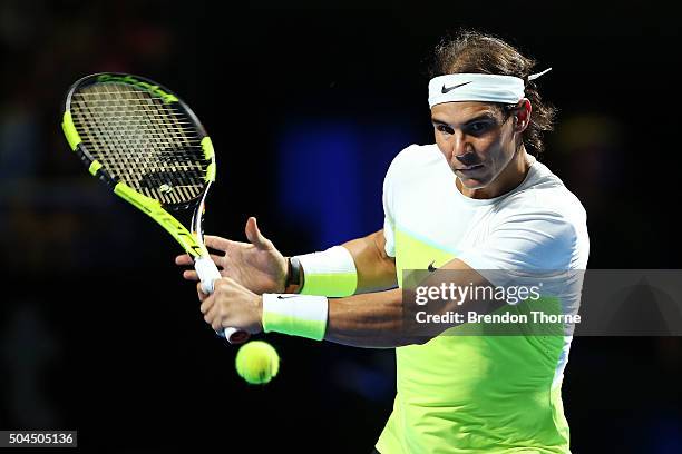 Rafael Nadal of Spain plays a backhand during the FAST4 Tennis exhibition match between Rafael Nadal and Lleyton Hewitt at Allphones Arena on January...