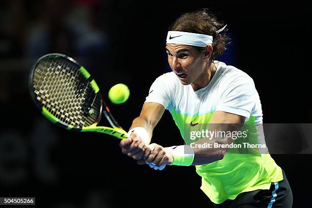 Rafael Nadal of Spain plays a backhand during the FAST4 Tennis exhibition match between Rafael Nadal and Lleyton Hewitt at Allphones Arena on January...