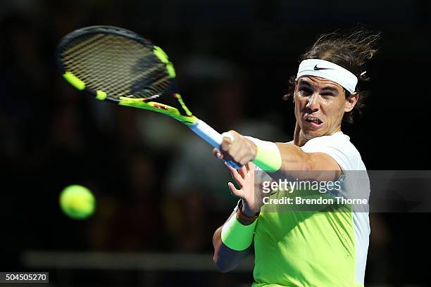 Rafael Nadal of Spain plays a forehand during the FAST4 Tennis exhibition match between Rafael Nadal and Lleyton Hewitt at Allphones Arena on January...