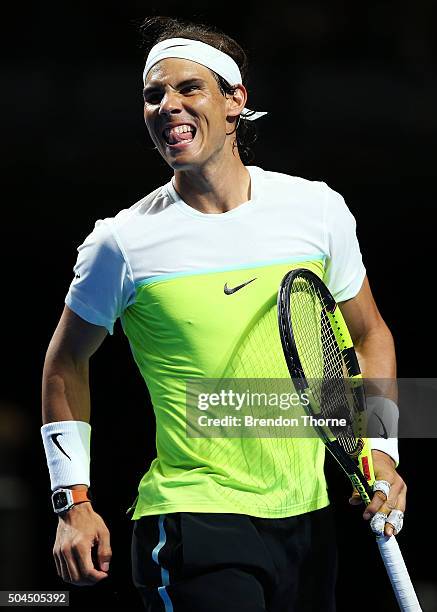 Rafael Nadal of Spain reacts after a point during the FAST4 Tennis exhibition match between Rafael Nadal and Lleyton Hewitt at Allphones Arena on...