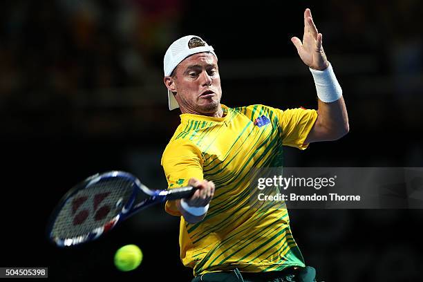 Lleyton Hewitt of Australia plays a forehand during the FAST4 Tennis exhibition match between Rafael Nadal and Lleyton Hewitt at Allphones Arena on...