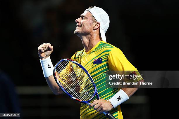 Lleyton Hewitt of Australia celebrates match point during the FAST4 Tennis exhibition match between Rafael Nadal and Lleyton Hewitt at Allphones...