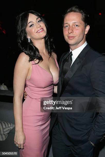 Singer Katy Perry and Vanity Fair's Derek Blasberg attend The Weinstein Company's 2016 Golden Globe Awards After Party at The Beverly Hilton Hotel on...