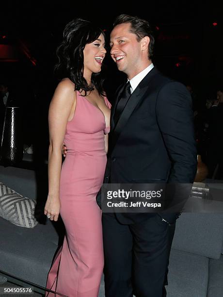 Singer Katy Perry and Vanity Fair's Derek Blasberg attend The Weinstein Company's 2016 Golden Globe Awards After Party at The Beverly Hilton Hotel on...
