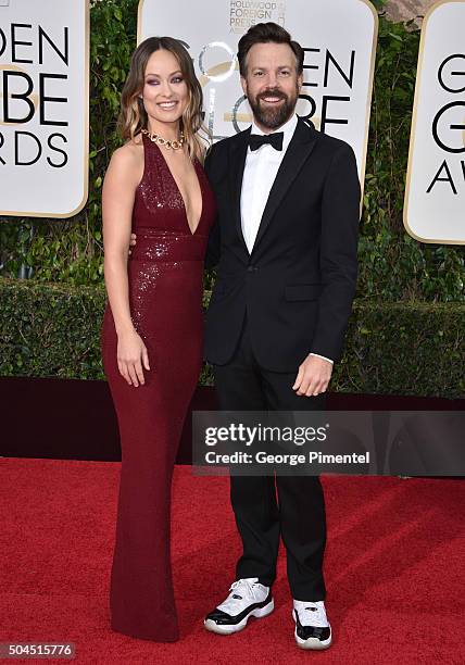 Actors Olivia Wilde and Jason Sudeikis attend the 73rd Annual Golden Globe Awards held at the Beverly Hilton Hotel on January 10, 2016 in Beverly...