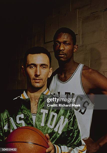 Finals: Closeup portrait of Boston Celtics Bob Cousy and Bill Russell posing in tunnel before Game 5 vs St. Louis Hawks at Boston Garden. Boston, MA...