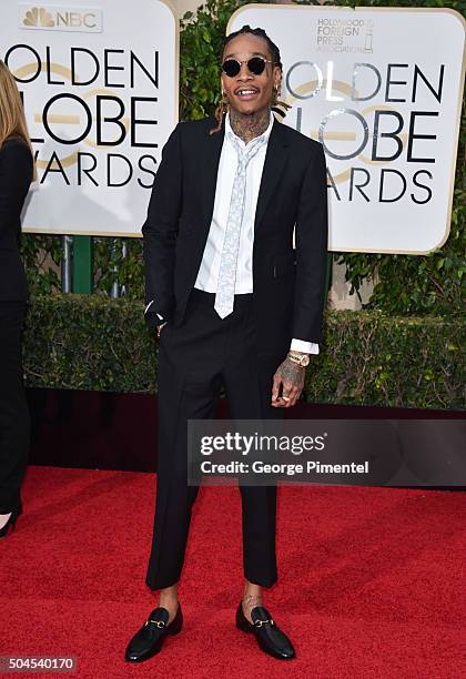 Rapper Wiz Khalifa attends the 73rd Annual Golden Globe Awards held at the Beverly Hilton Hotel on January 10, 2016 in Beverly Hills, California.