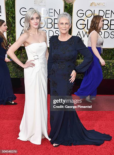 Actress Jamie Lee Curtis and Annie Guest attend the 73rd Annual Golden Globe Awards held at the Beverly Hilton Hotel on January 10, 2016 in Beverly...