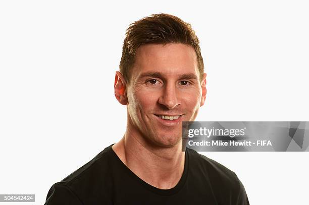 Ballon d'Or nominee Lionel Messi of Argentina and Barcelona poses for a portrait prior to the FIFA Ballon d'Or Gala 2015 at the Park Hyatt hotel on...