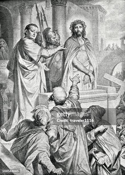 jesus and pontius pilate - presentation of jesus stock illustrations