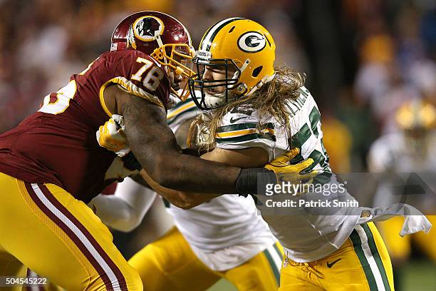 Inside linebacker Clay Matthews of the Green Bay Packers in action against the Washington Redskins at FedExField on January 10, 2016 in Landover,...