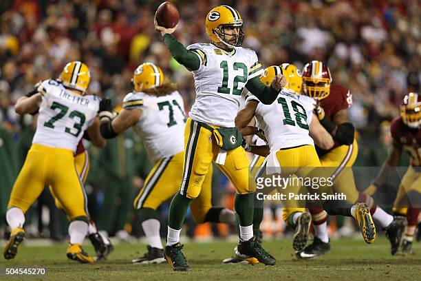 Quarterback Aaron Rodgers of the Green Bay Packers in action against the Washington Redskins during the NFC Wild Card Playoff game at FedExField on...