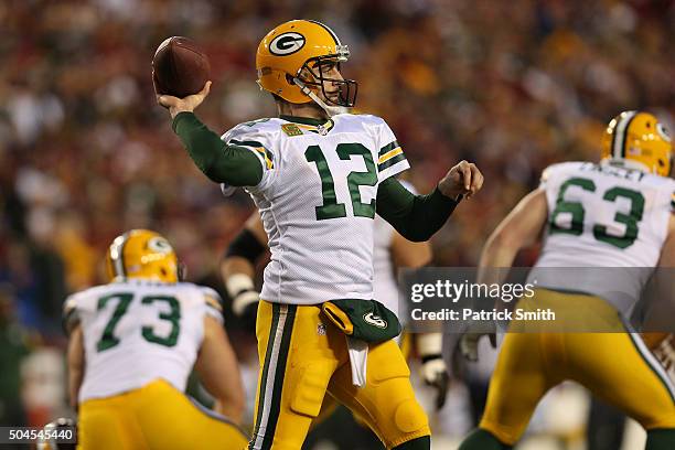 Quarterback Aaron Rodgers of the Green Bay Packers in action against the Washington Redskins during the NFC Wild Card Playoff game at FedExField on...