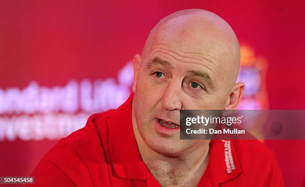 British & Irish Lions Ambassador Keith Wood of Ireland addresses the media during the British & Irish Lions 2017 Tour Media Briefing at The Gherkin...