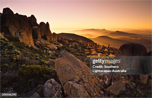 sunset on the summit of mount wellington, hobart, tasmania. - tasmania landscape stock pictures, royalty-free photos & images