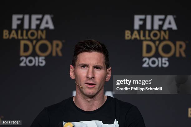 Ballon d'Or nominee Lionel Messi of Argentina and FC Barcelona attends a press conference prior to the FIFA Ballon d'Or Gala 2015 at the Kongresshaus...