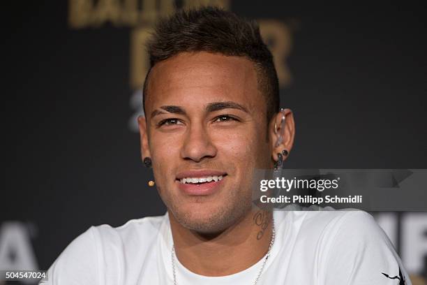 Ballon d'Or nominee Neymar Jr of Brazil and FC Barcelona attends a press conference prior to the FIFA Ballon d'Or Gala 2015 at the Kongresshaus on...