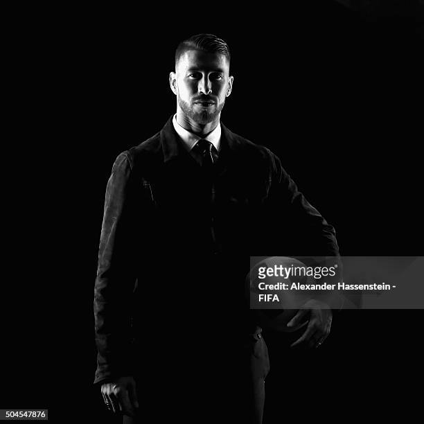 Sergio Ramos of Spain and Real Madrid poses for a portrait prior to the FIFA Ballon d'Or Gala 2015 at the Park Hyatt hotel on January 11, 2016 in...