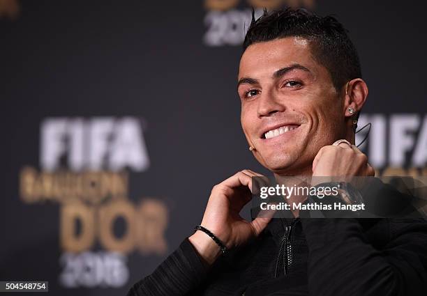 Cristiano Ronaldo of Portugal and Real Madrid speaks to the media during a press conference prior to the FIFA Ballon d'Or Gala 2015 at the...