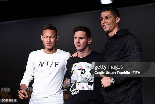 Ballon dOr 2015 nominees Neymar of Brazil and FC Barcelona , Lionel Messi of Argentina and FC Barcelona and Cristiano Ronaldo of Portugal and Real...