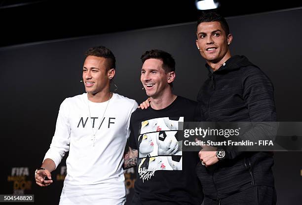 Ballon dOr 2015 nominees Neymar of Brazil and FC Barcelona , Lionel Messi of Argentina and FC Barcelona and Cristiano Ronaldo of Portugal and Real...