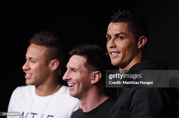 Neymar of Brazil and FC Barcelona, Lionel Messi of Argentina and FC Barcelona and Cristiano Ronaldo of Portugal and Real Madrid pose for a photo...