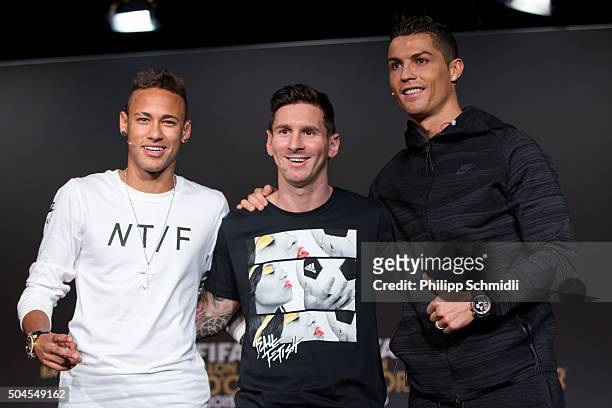 Ballon d'Or nominees Neymar Jr of Brazil and FC Barcelona , Lionel Messi of Argentina and FC Barcelona and Cristiano Ronaldo of Portugal and Real...