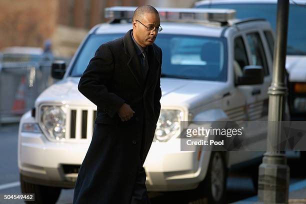 Baltimore Police officer Caesar Goodson arrives at the Mitchell Courthouse-West for jury selection in his trial January 11, 2016 in Baltimore,...