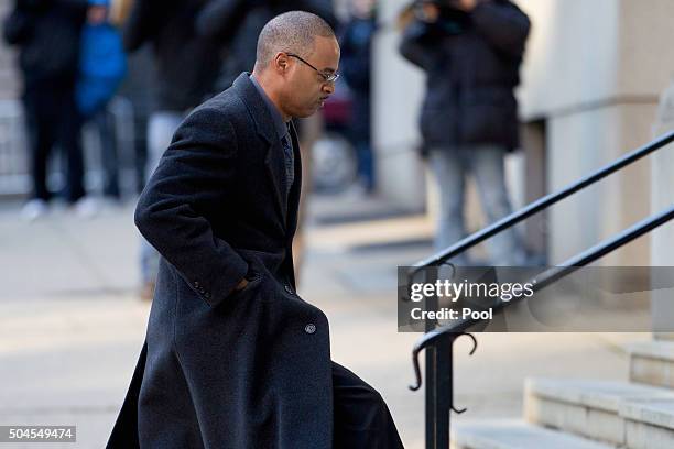 Baltimore Police officer Caesar Goodson arrives at the Mitchell Courthouse-West for jury selection in his trial January 11, 2016 in Baltimore,...